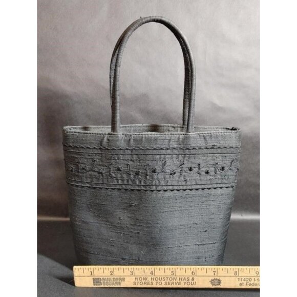 Ann Taylor Gray Silk Embroidered Handbag Tote With Dual Handles 9" Tall - Picture 3 of 5
